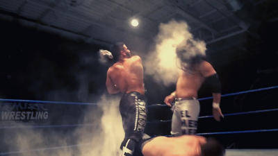 Semsei throws powder in the eyes of his tag team partner Iniestra at PPW249