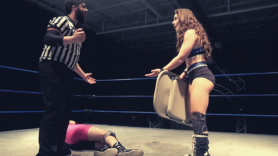 Skye Blue argues with the Referee's call after she was tricked by Connor Corr