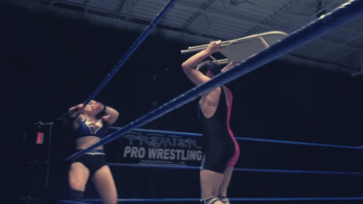 Connor Corr attempts to attack Skye Blue with a steel chair at PPW252